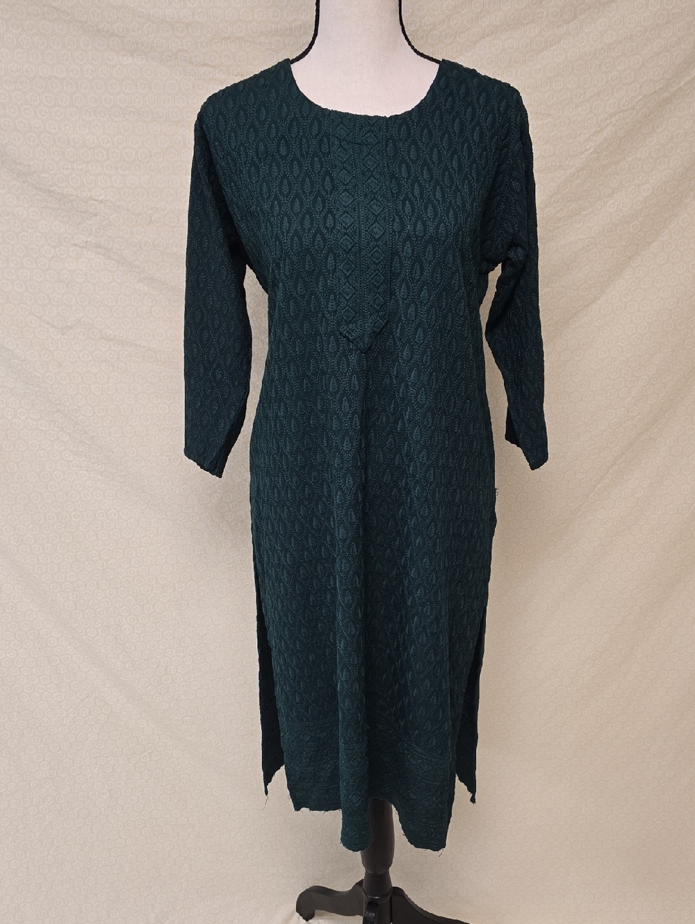 Forest Green Chikan Long Sleeve Dress